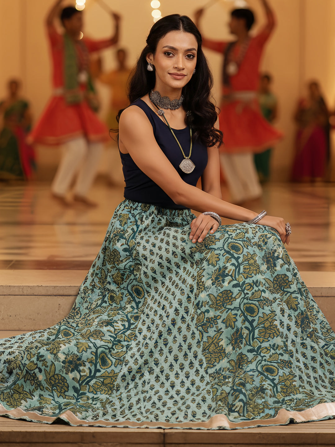 Women's Aqua Green Pure Cotton Floral Printed Skirt