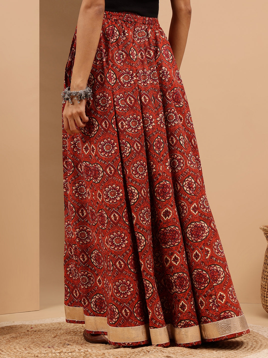 Women's Rust Pure Cotton Floral Printed Flared Skirt