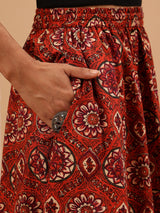 Women's Rust Pure Cotton Floral Printed Flared Skirt