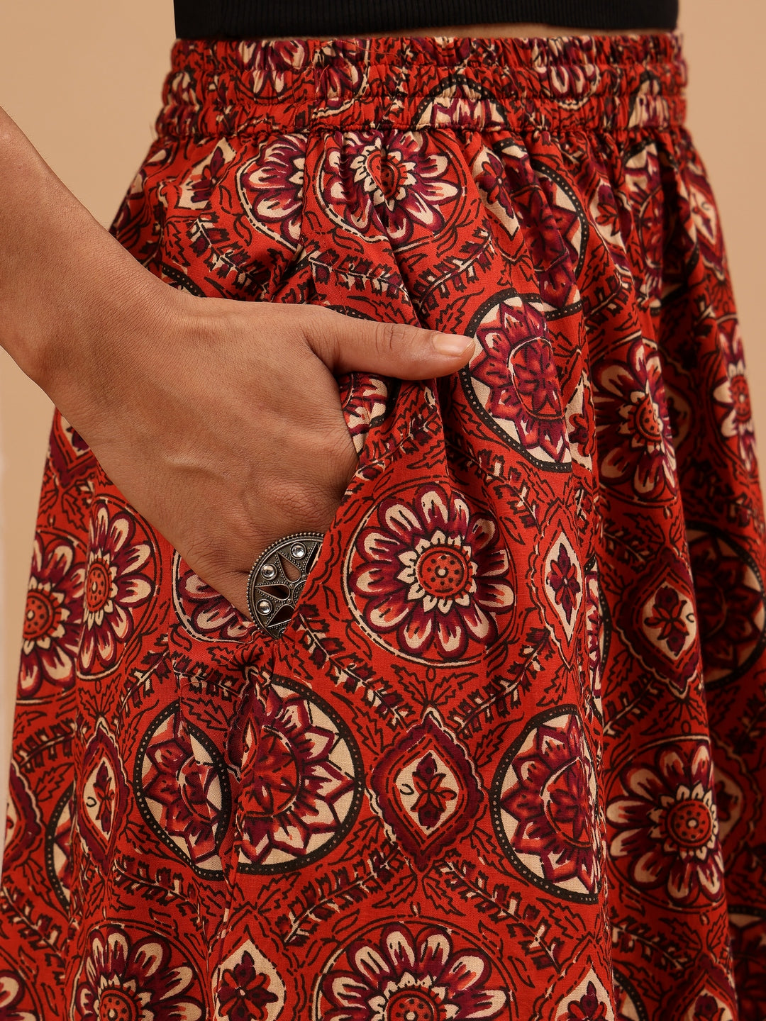 Women's Rust Pure Cotton Floral Printed Flared Skirt