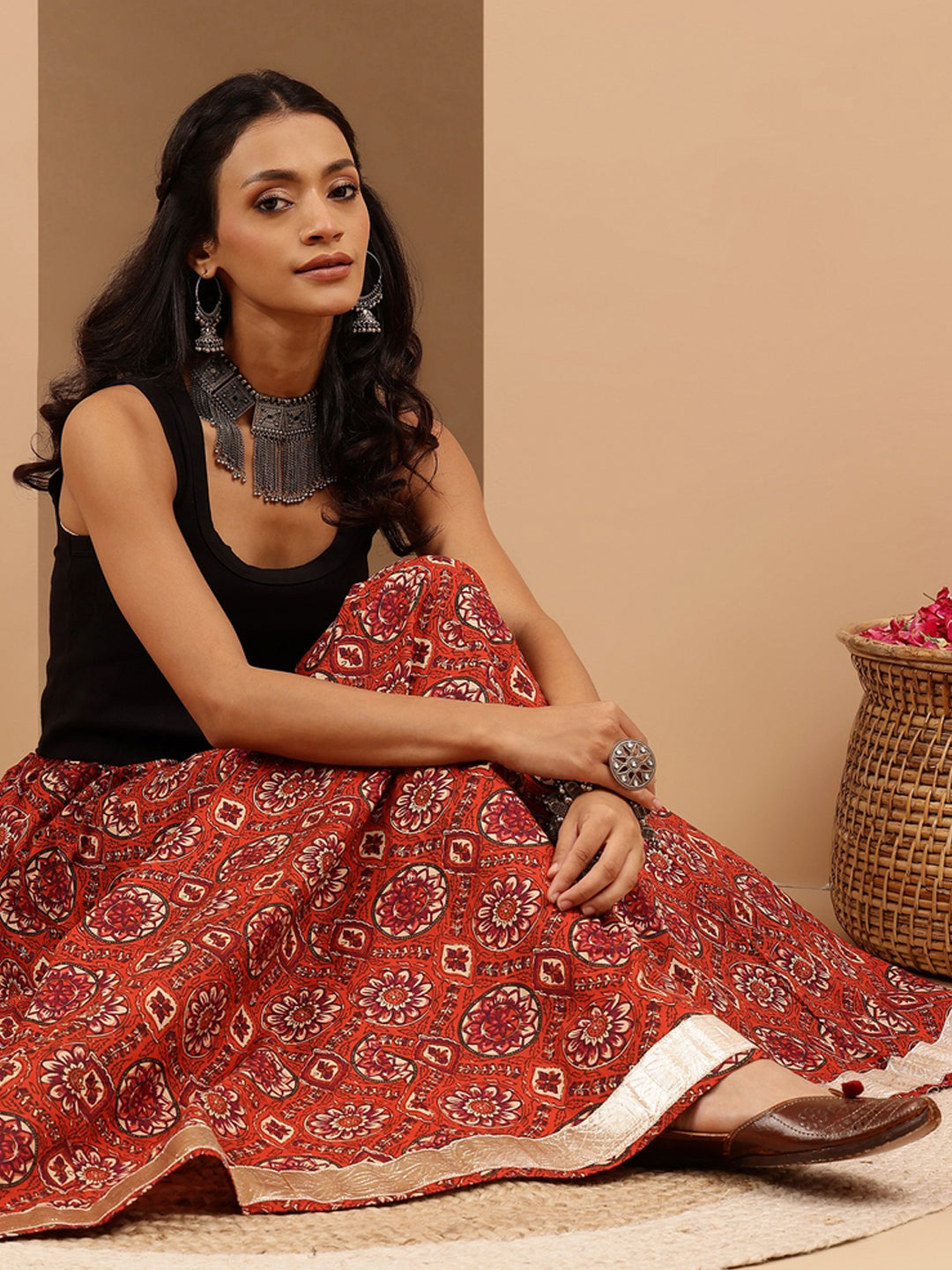 Women's Rust Pure Cotton Floral Printed Flared Skirt