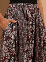 Women's Grey Pure Cotton Floral Printed Flared Skirts