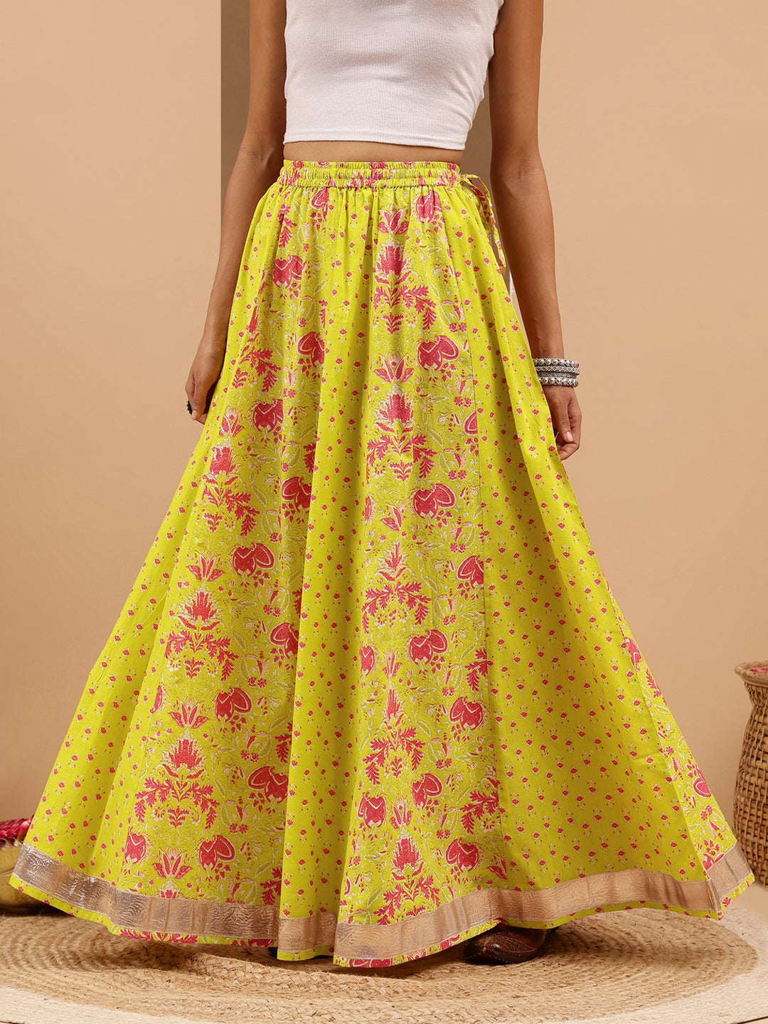 Women's Lime Yellow Pure Cotton Ethnic Printed Flared Skirt