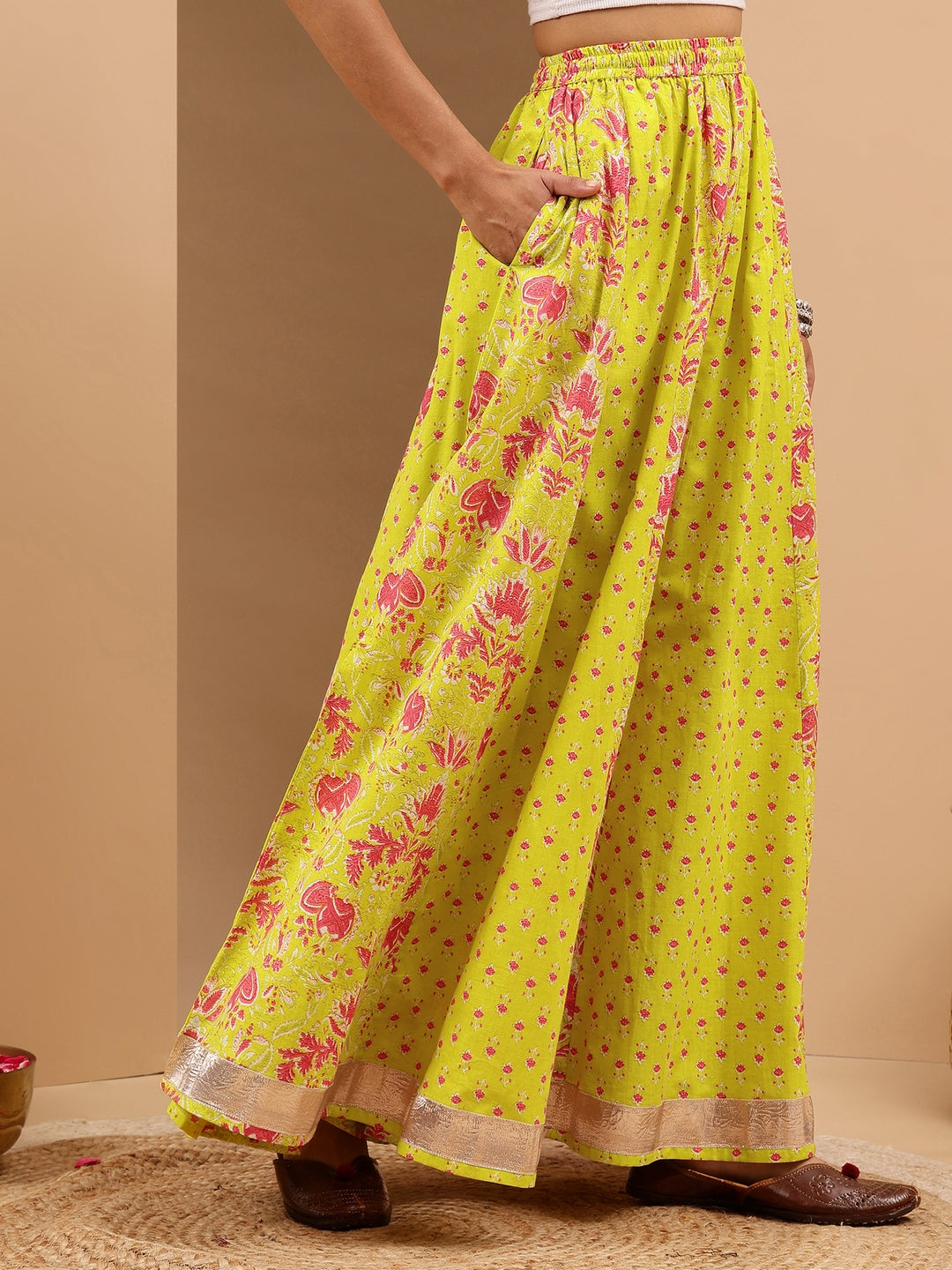 Women's Lime Yellow Pure Cotton Ethnic Printed Flared Skirt