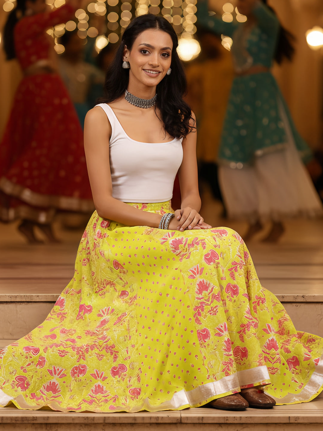 Women's Lime Yellow Pure Cotton Ethnic Printed Flared Skirt