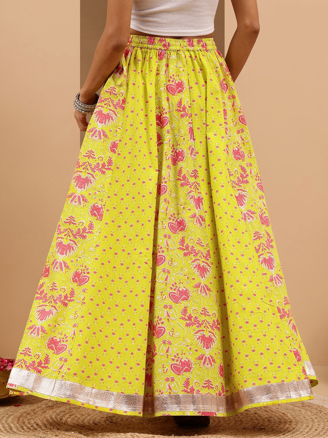 Women's Lime Yellow Pure Cotton Ethnic Printed Flared Skirt