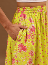 Women's Lime Yellow Pure Cotton Ethnic Printed Flared Skirt