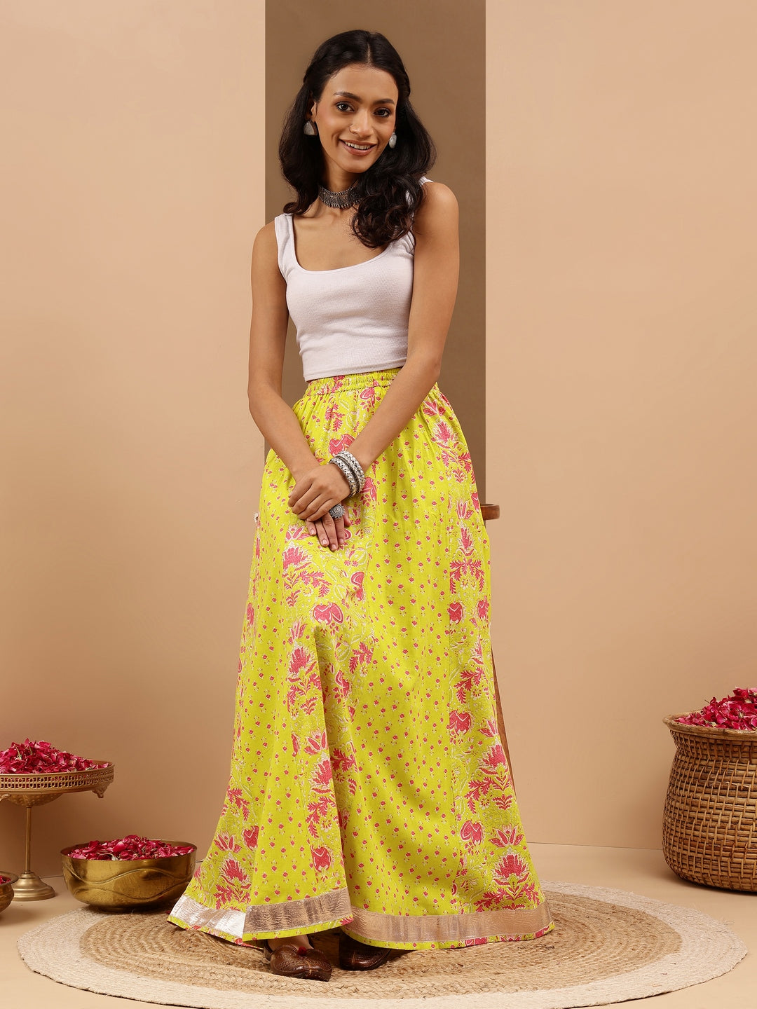 Women's Lime Yellow Pure Cotton Ethnic Printed Flared Skirt