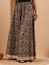 Women's Beige Pure Cotton Floral Printed Flared Skirt