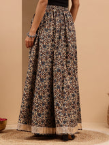 Women's Beige Pure Cotton Floral Printed Flared Skirt