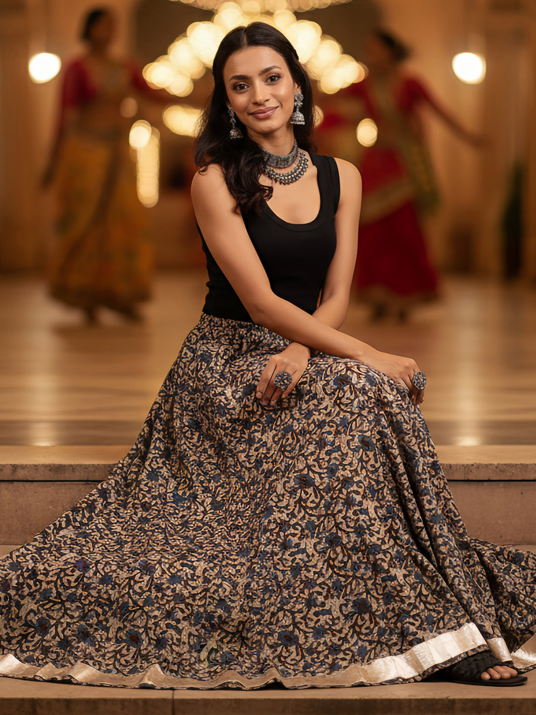 Women's Beige Pure Cotton Floral Printed Flared Skirt