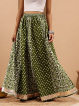 Women's Green Pure Cotton Ethnic Motifs Printed Flared Skirt
