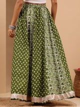 Women's Green Pure Cotton Ethnic Motifs Printed Flared Skirt