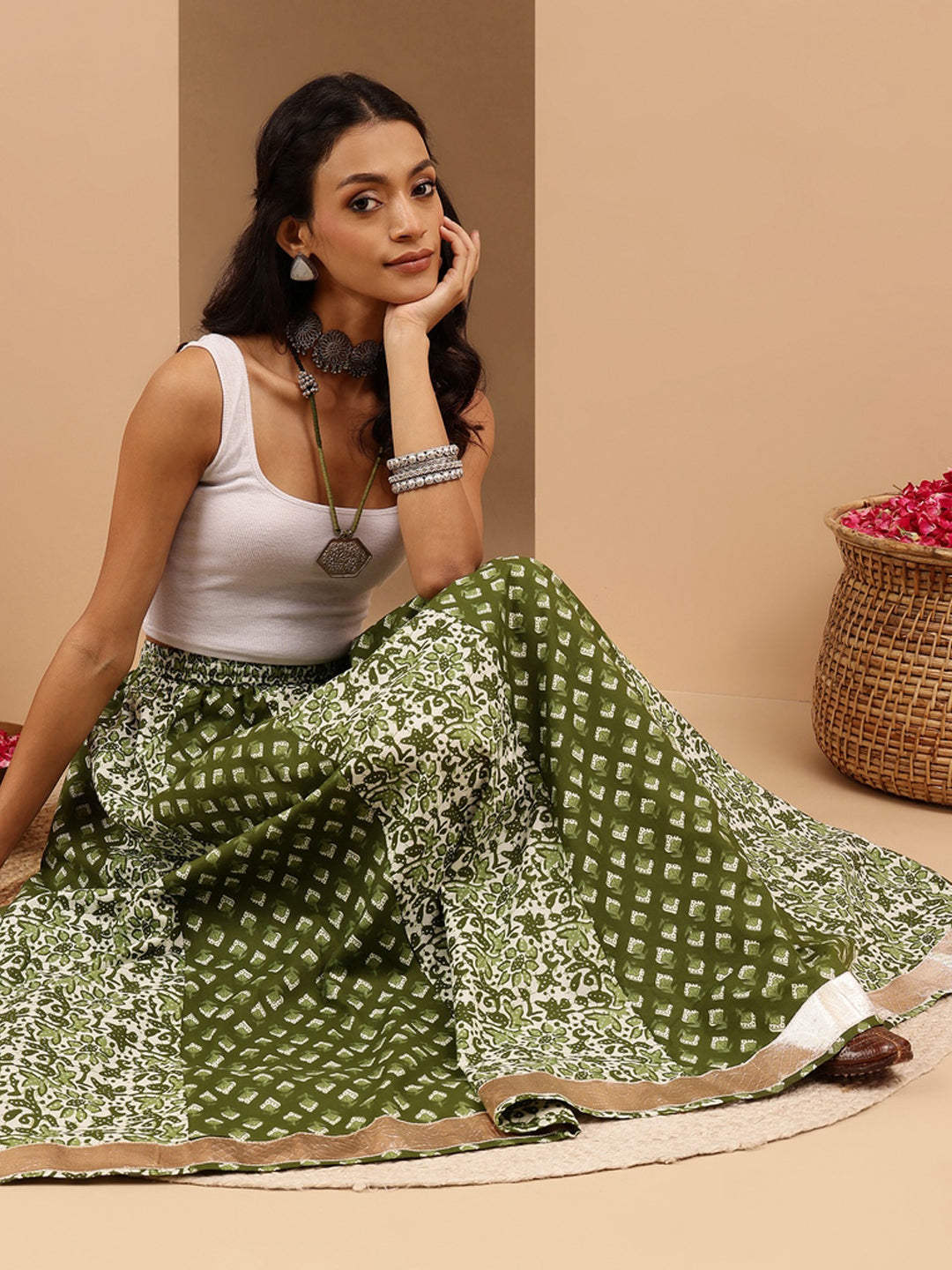 Women's Green Pure Cotton Ethnic Motifs Printed Flared Skirt