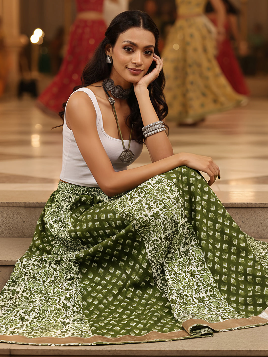 Women's Green Pure Cotton Ethnic Motifs Printed Flared Skirt