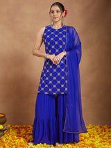 Women's Royal Blue Georgette Zari Embroidered Straight Kurta With Sharara & Dupatta Set