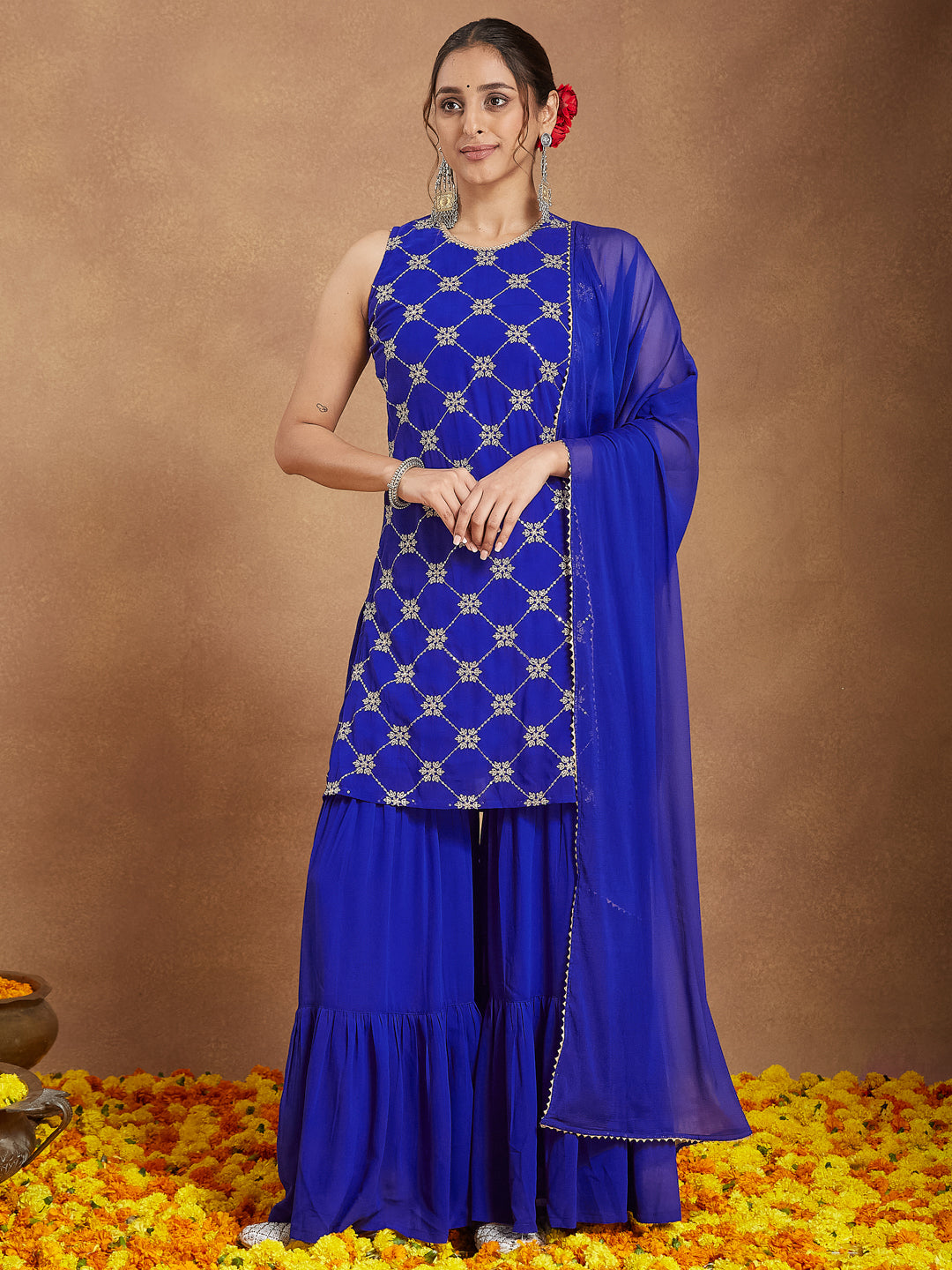 Women's Royal Blue Georgette Zari Embroidered Straight Kurta With Sharara & Dupatta Set