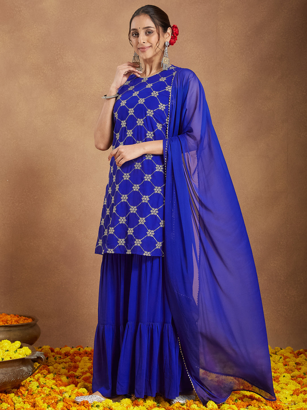 Women's Royal Blue Georgette Zari Embroidered Straight Kurta With Sharara & Dupatta Set