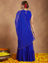 Women's Royal Blue Georgette Zari Embroidered Straight Kurta With Sharara & Dupatta Set