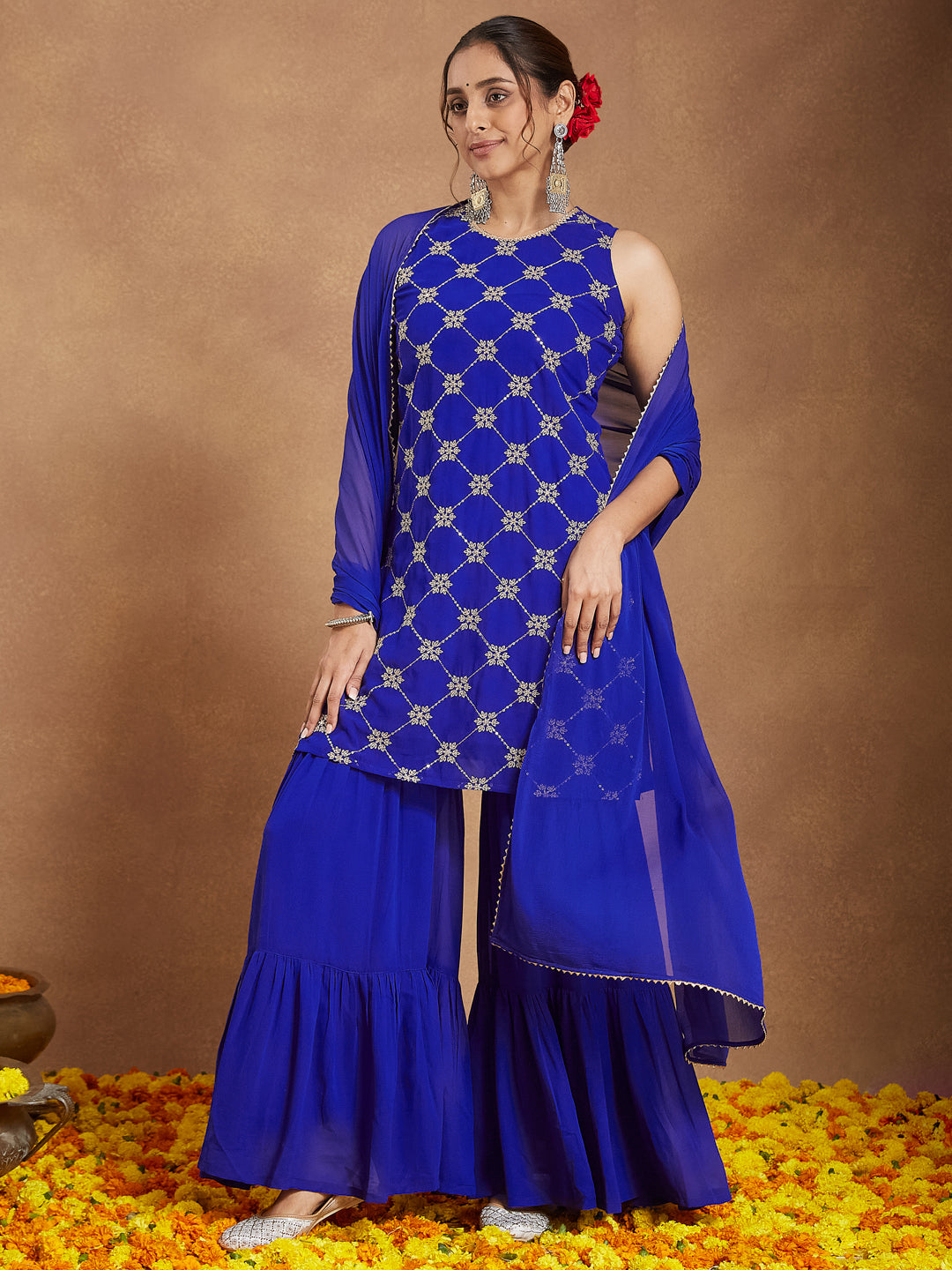 Women's Royal Blue Georgette Zari Embroidered Straight Kurta With Sharara & Dupatta Set