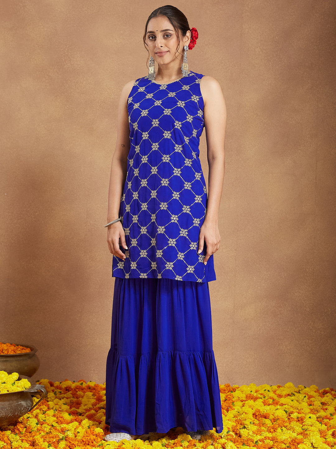 Women's Royal Blue Georgette Zari Embroidered Straight Kurta With Sharara & Dupatta Set