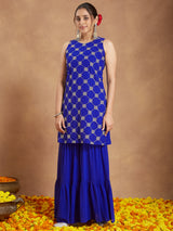 Women's Royal Blue Georgette Zari Embroidered Straight Kurta With Sharara & Dupatta Set