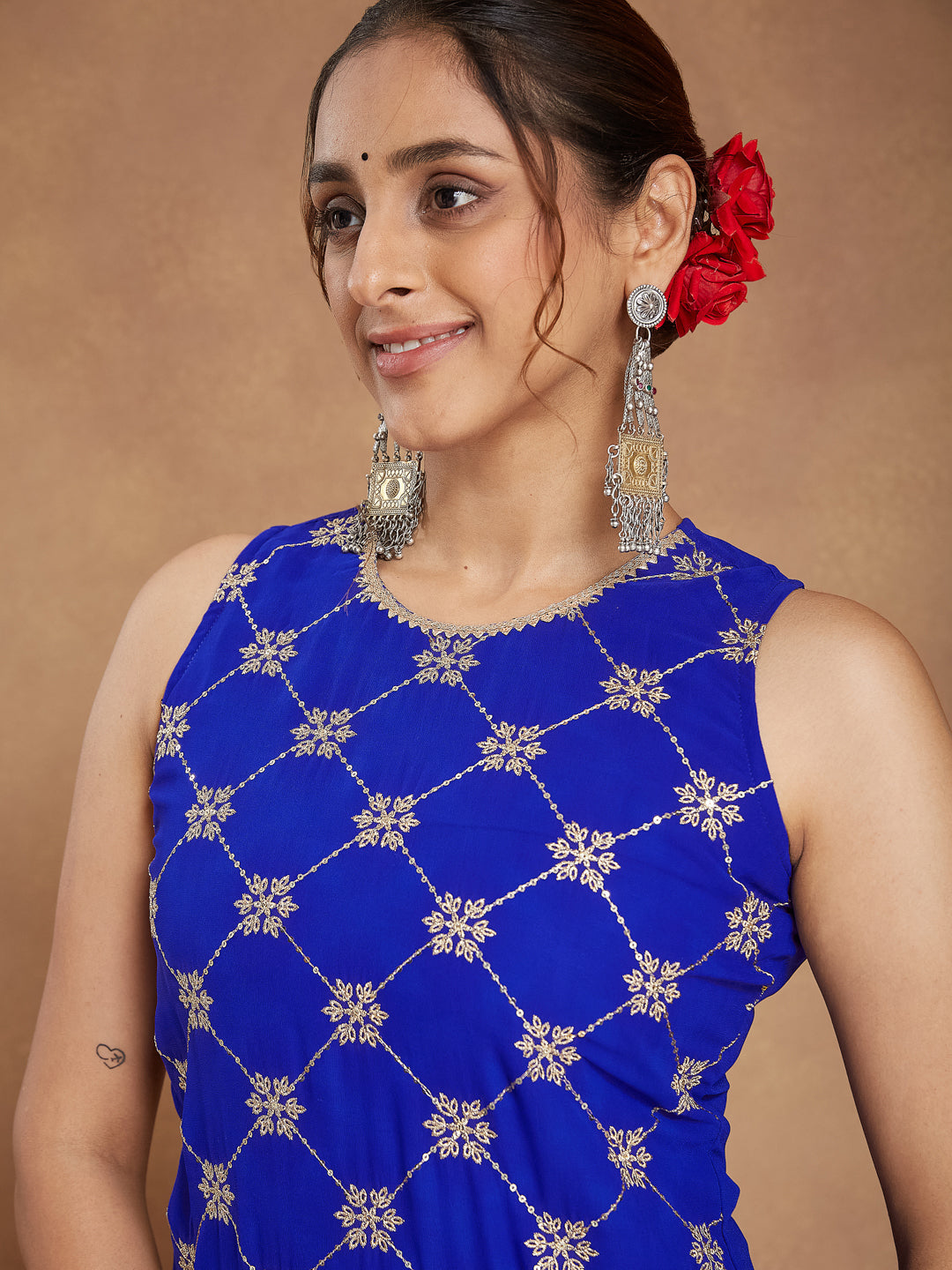 Women's Royal Blue Georgette Zari Embroidered Straight Kurta With Sharara & Dupatta Set