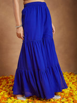 Women's Royal Blue Georgette Zari Embroidered Straight Kurta With Sharara & Dupatta Set