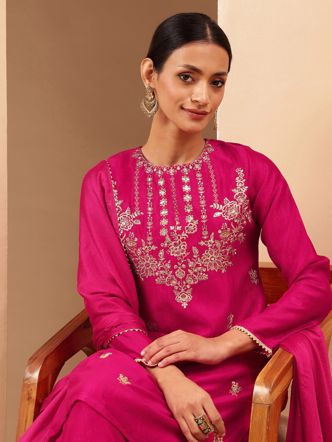 Women's Pink Silk Blend Zari Embroidered Straight Kurta With Sharara & Dupatta Set