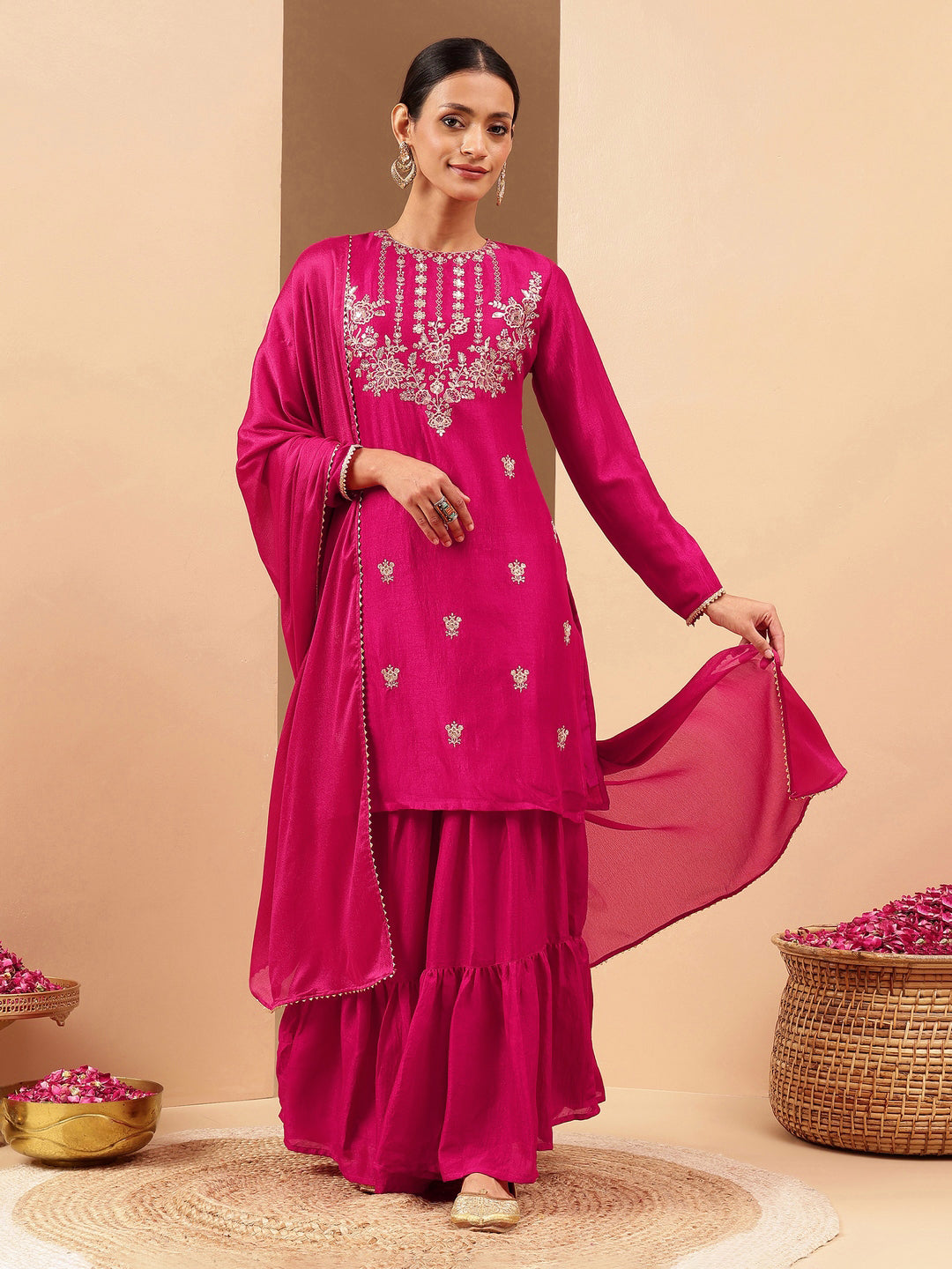 Women's Pink Silk Blend Zari Embroidered Straight Kurta With Sharara & Dupatta Set