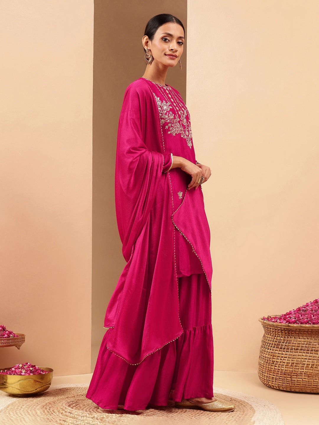 Women's Pink Silk Blend Zari Embroidered Straight Kurta With Sharara & Dupatta Set