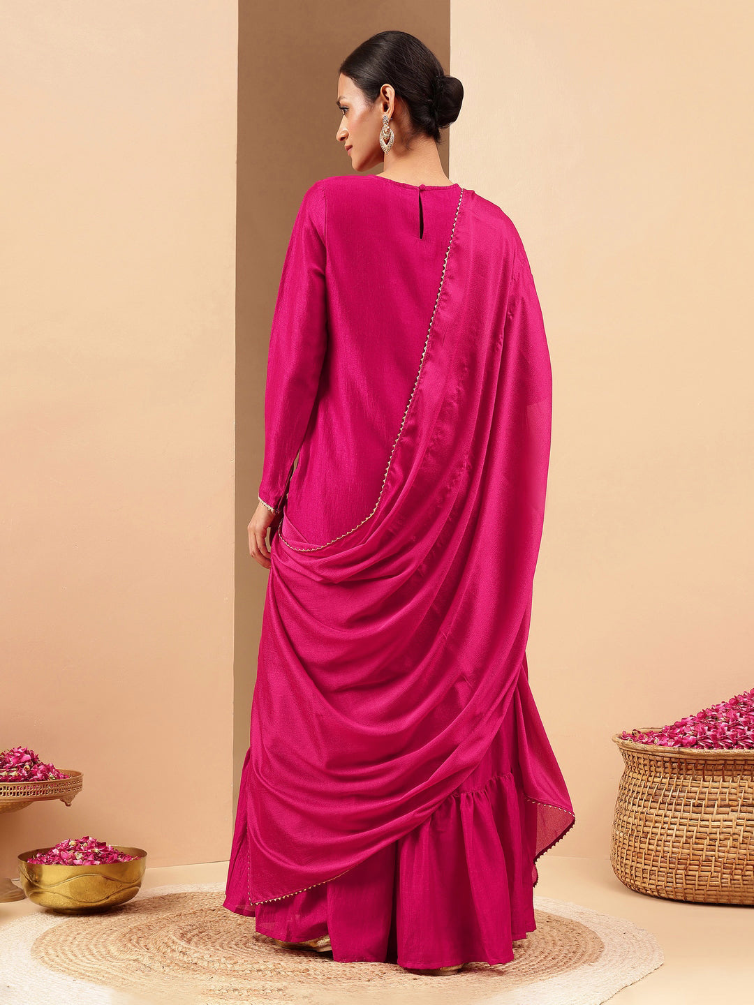 Women's Pink Silk Blend Zari Embroidered Straight Kurta With Sharara & Dupatta Set