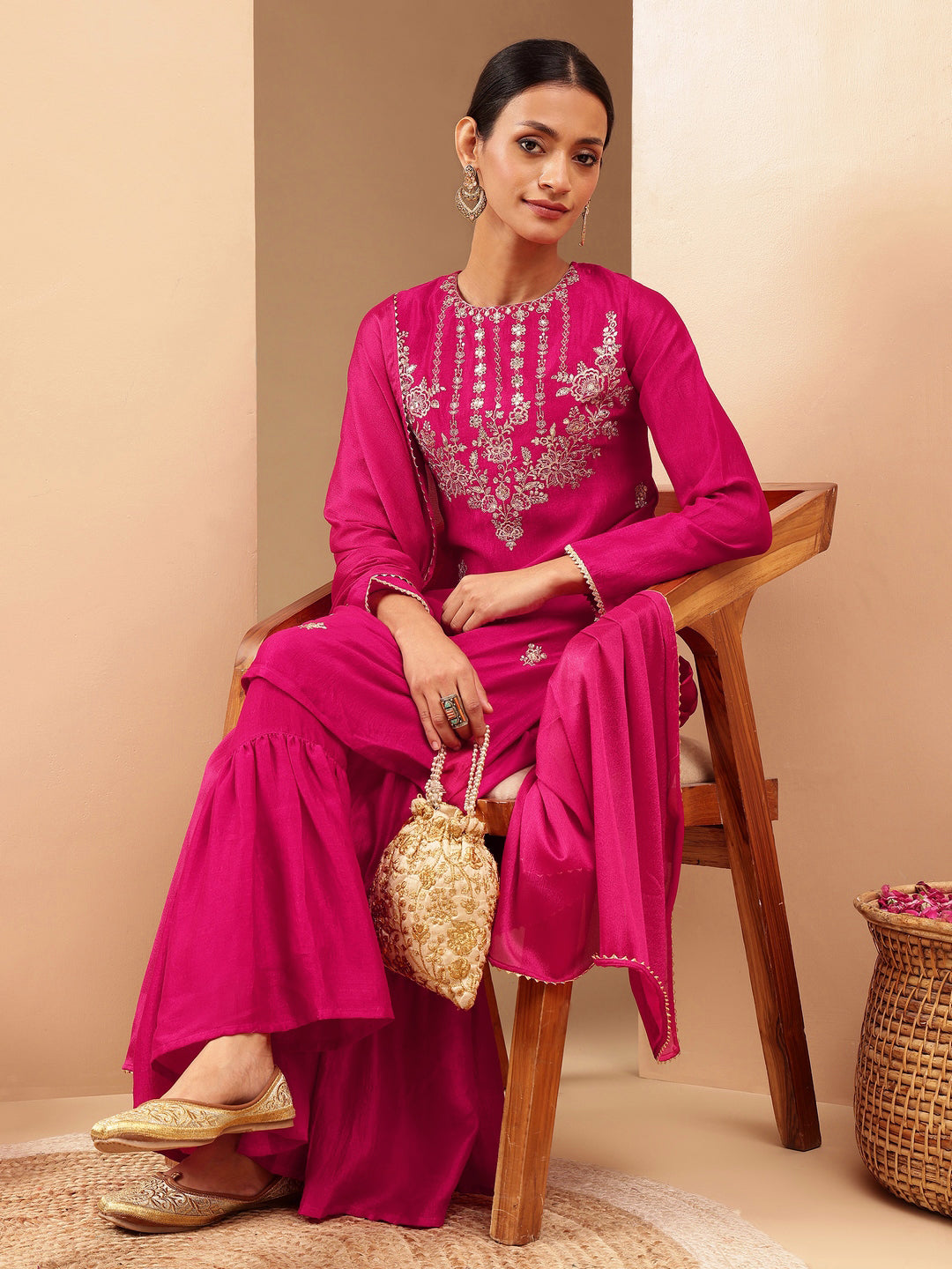 Women's Pink Silk Blend Zari Embroidered Straight Kurta With Sharara & Dupatta Set