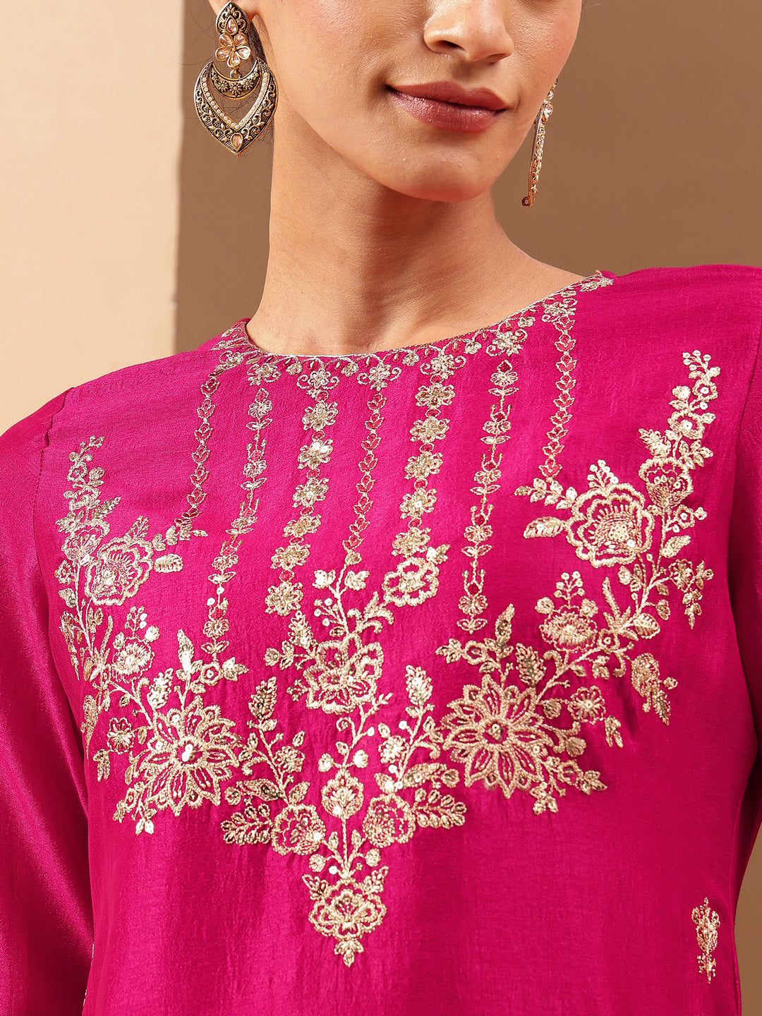 Women's Pink Silk Blend Zari Embroidered Straight Kurta With Sharara & Dupatta Set