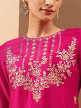 Women's Pink Silk Blend Zari Embroidered Straight Kurta With Sharara & Dupatta Set