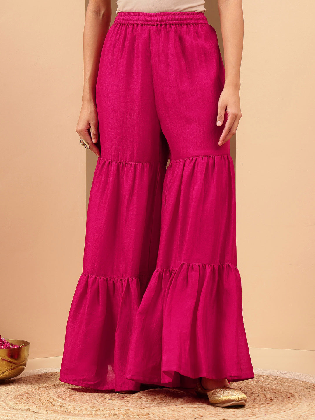 Women's Pink Silk Blend Zari Embroidered Straight Kurta With Sharara & Dupatta Set