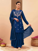 Women's Teal Blue Silk Blend Zari Embroidered Straight Kurta With Sharara & Dupatta Set