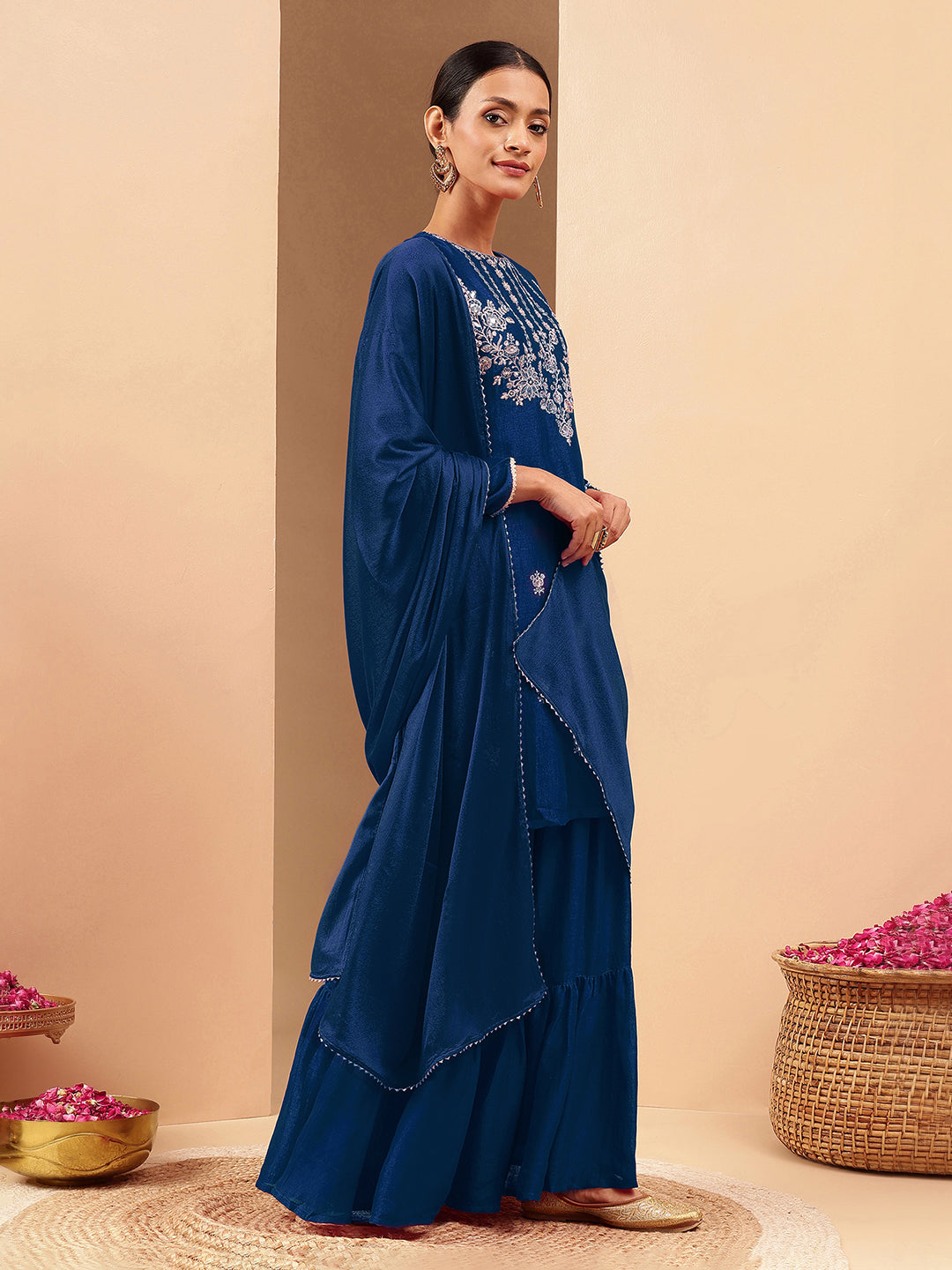 Women's Teal Blue Silk Blend Zari Embroidered Straight Kurta With Sharara & Dupatta Set