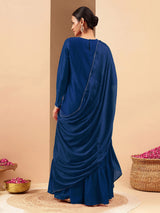 Women's Teal Blue Silk Blend Zari Embroidered Straight Kurta With Sharara & Dupatta Set