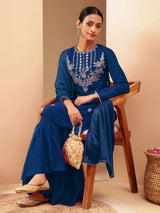 Women's Teal Blue Silk Blend Zari Embroidered Straight Kurta With Sharara & Dupatta Set