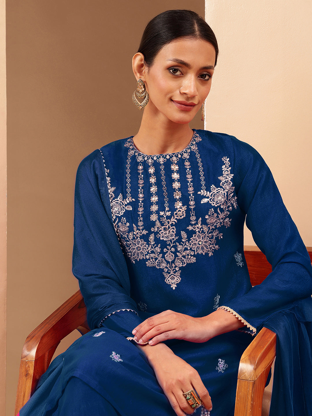 Women's Teal Blue Silk Blend Zari Embroidered Straight Kurta With Sharara & Dupatta Set