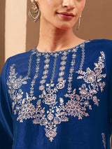 Women's Teal Blue Silk Blend Zari Embroidered Straight Kurta With Sharara & Dupatta Set