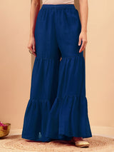 Women's Teal Blue Silk Blend Zari Embroidered Straight Kurta With Sharara & Dupatta Set