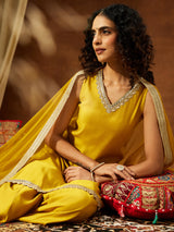 Women's Yellow Chanderi Silk Embellished Straight Kurta With Sharara & Dupatta Set