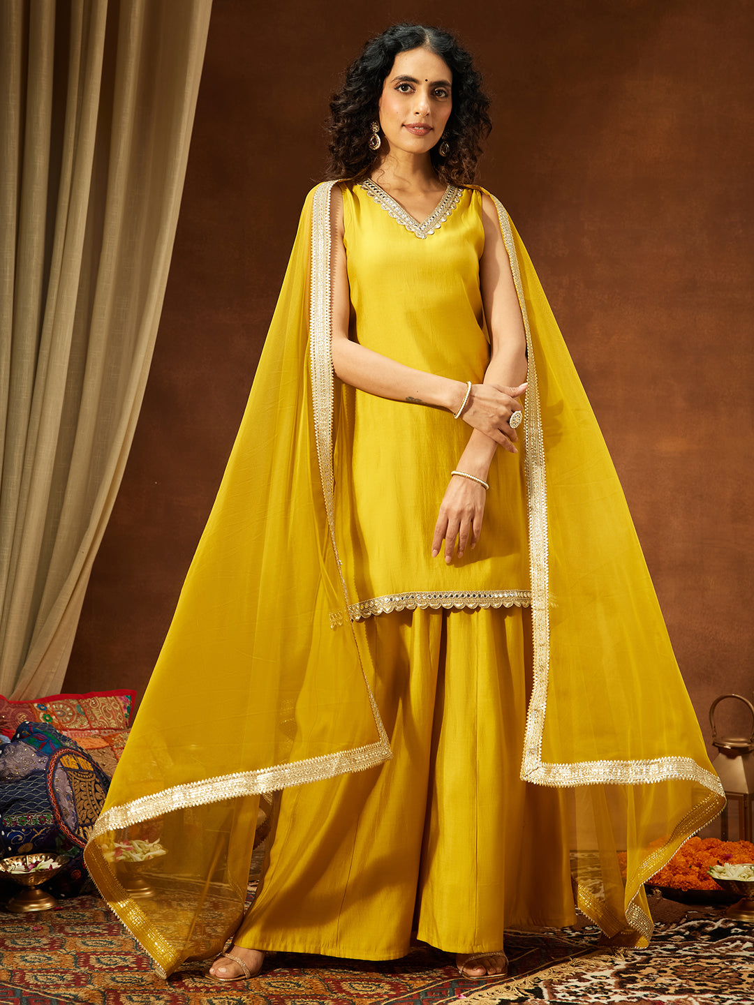 Women's Yellow Chanderi Silk Embellished Straight Kurta With Sharara & Dupatta Set