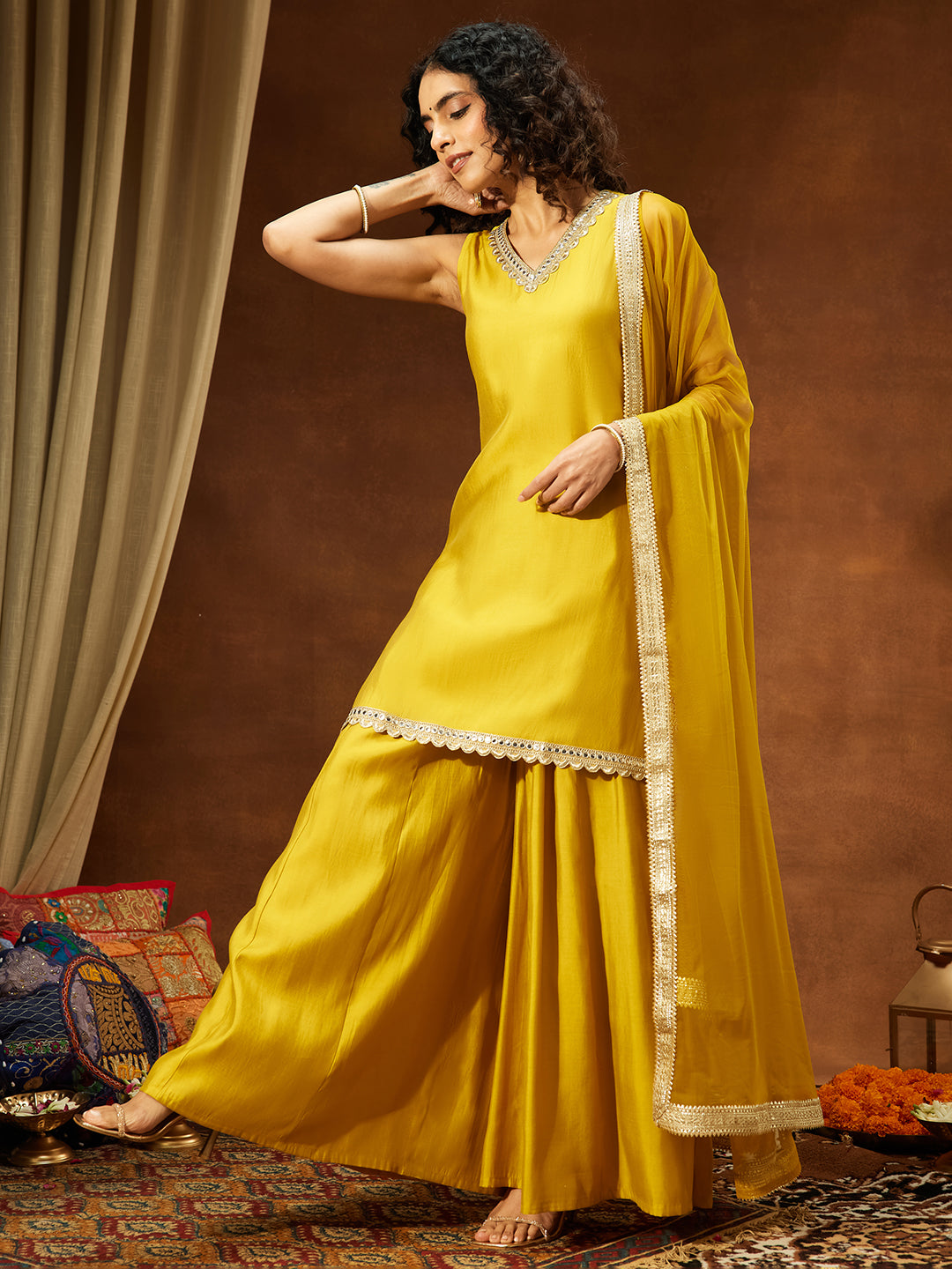 Women's Yellow Chanderi Silk Embellished Straight Kurta With Sharara & Dupatta Set