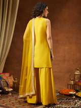 Women's Yellow Chanderi Silk Embellished Straight Kurta With Sharara & Dupatta Set