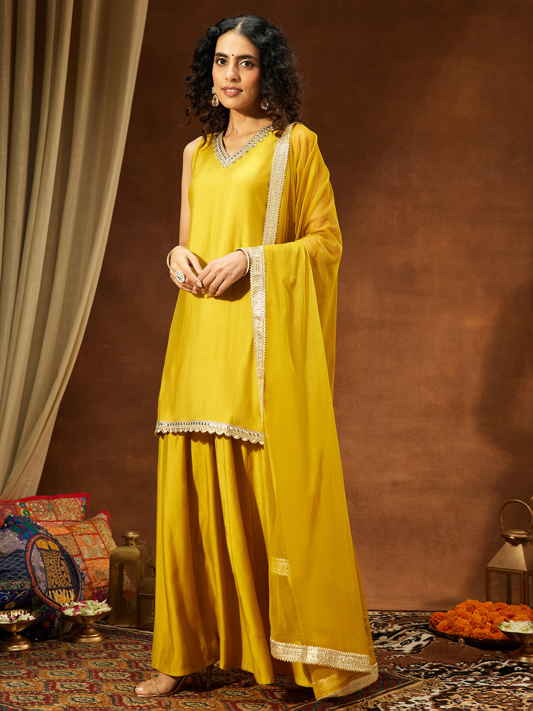 Women's Yellow Chanderi Silk Embellished Straight Kurta With Sharara & Dupatta Set
