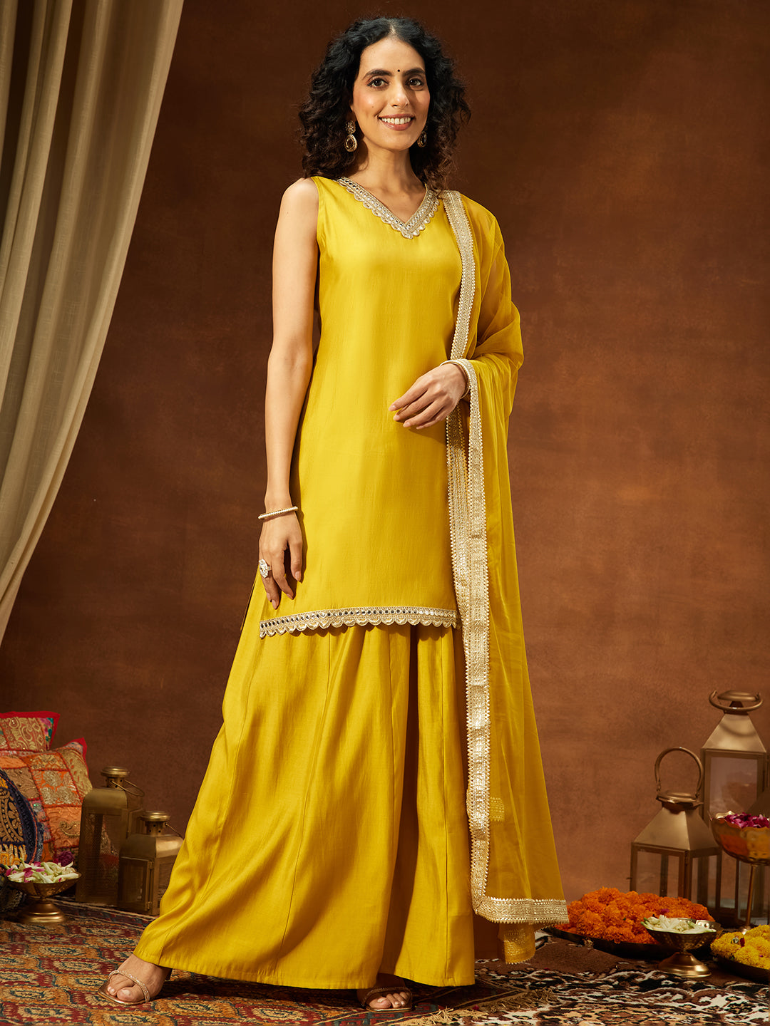 Women's Yellow Chanderi Silk Embellished Straight Kurta With Sharara & Dupatta Set