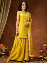 Women's Yellow Chanderi Silk Embellished Straight Kurta With Sharara & Dupatta Set